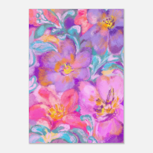 Floral art print with pink and purple flowers.