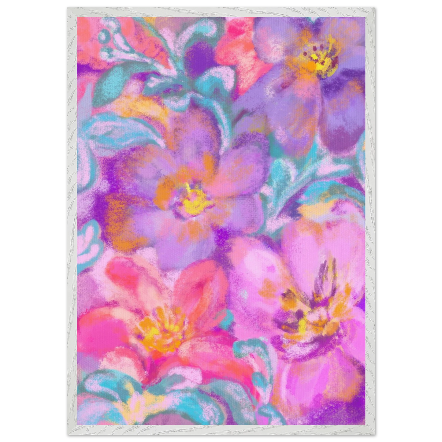Floral art print featuring pink and purple blooms with green foliage in a white frame.