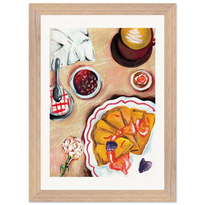Framed artwork of a table setting with a pie, jam, and flowers.
