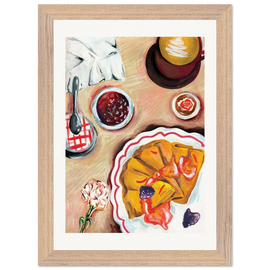 Framed artwork of a table setting with a pie, jam, and flowers.
