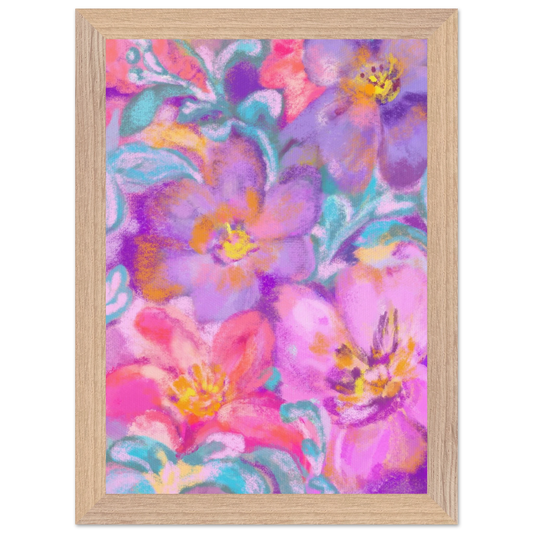 Botanical art print featuring pink and purple blooms with green foliage in wood frame.